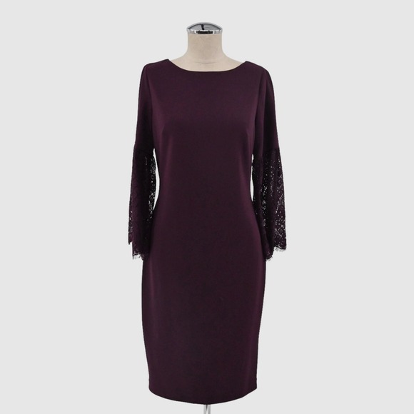 Calvin Klein Dresses & Skirts - Calvin Klein Burgundy Sheath Dress Size 4 Lace Bell Sleeve Sheath Moody Romantic